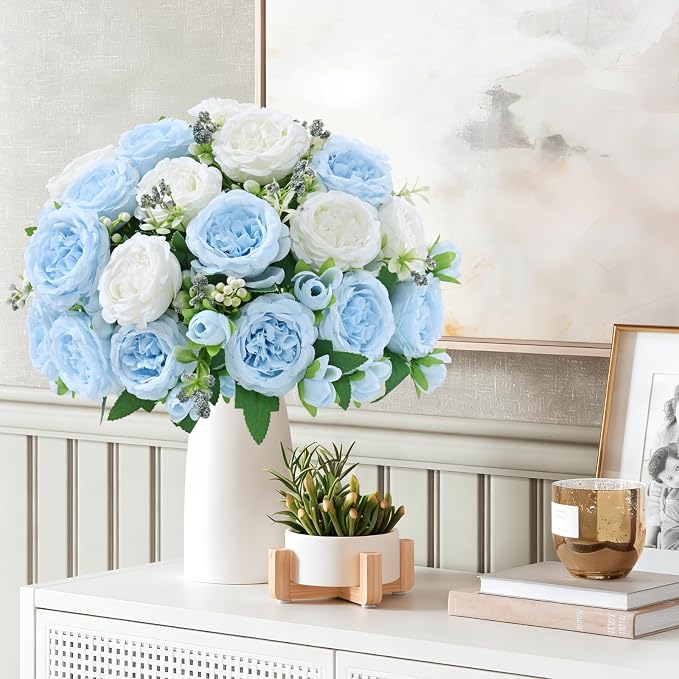 8 Packs Peonies Artificial Flowers Mixed White Blue Silk Artificial Peonies | - Image 8