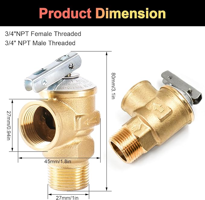 150Psi Temperature and Pressure Relief Valve, 3/4" NPT Threaded, Brass Pressure - Image 3