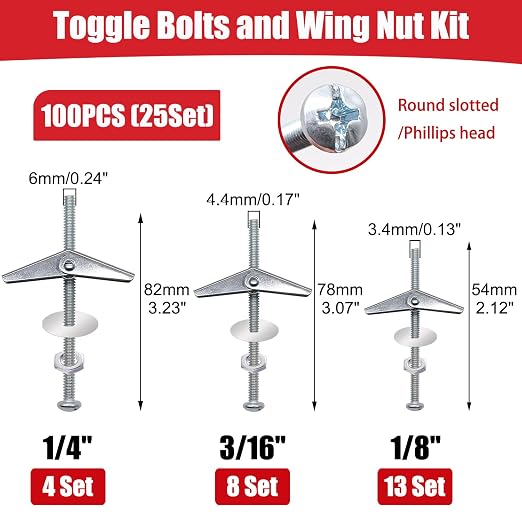 100Pcs Toggle Bolts Drywall Anchors Kit, 25 Sets 1/8" 3/16" 1/4" Heavy Duty - Image 2