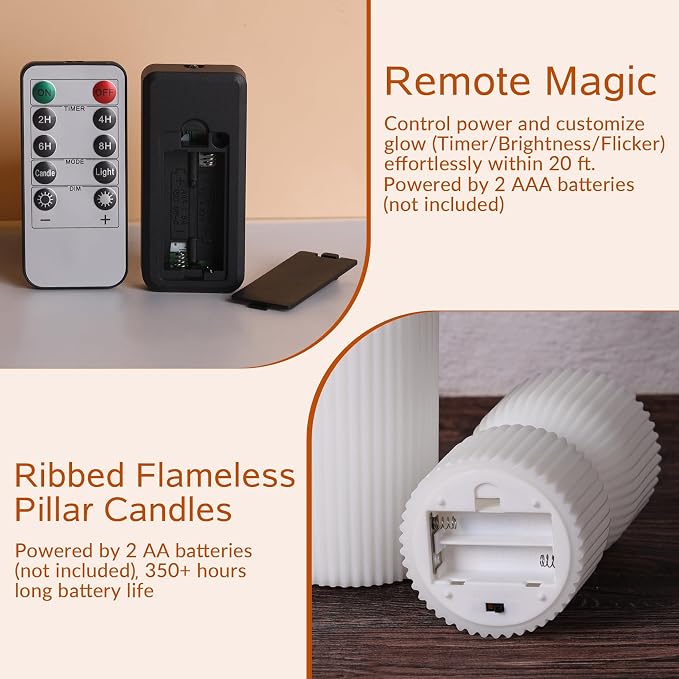 White Ribbed Flameless Pillar Candles - Image 3
