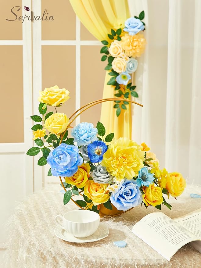 Serwalin Artificial Flowers Blue & Yellow Silk Flowers - Image 3