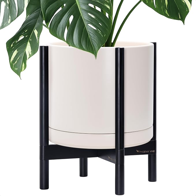 D'vine Dev Ceramic Pot with Ebony Wood Stand, 14 in, 55-B-S-8 | Mid-Century by DvineDevPlanterPotsandStand