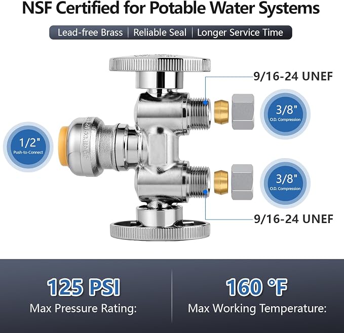 WiseWater 1/2" Push Fit x Dual 3/8" Compression Dual Stop Valve | 1/4 Turn - Image 2