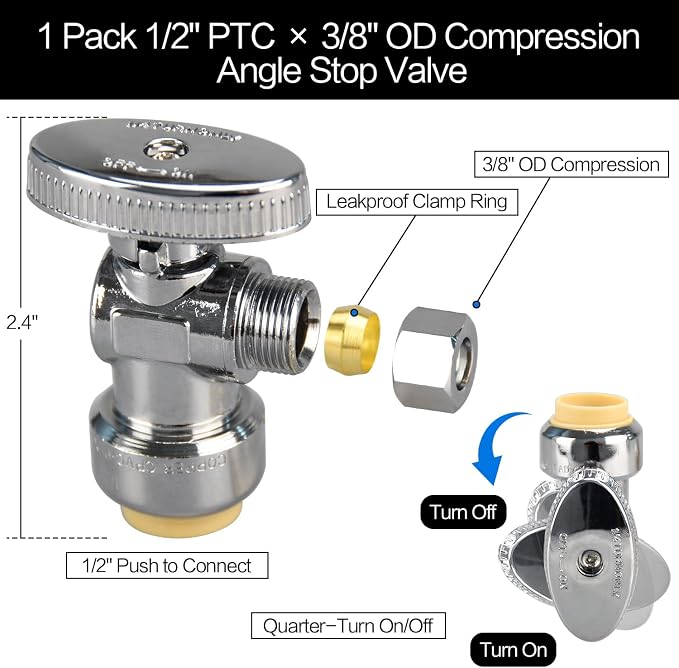 2pcs Angle Stop Valve, 1/2" PTC Input, 3/8" OD Compression Output | - Image 2
