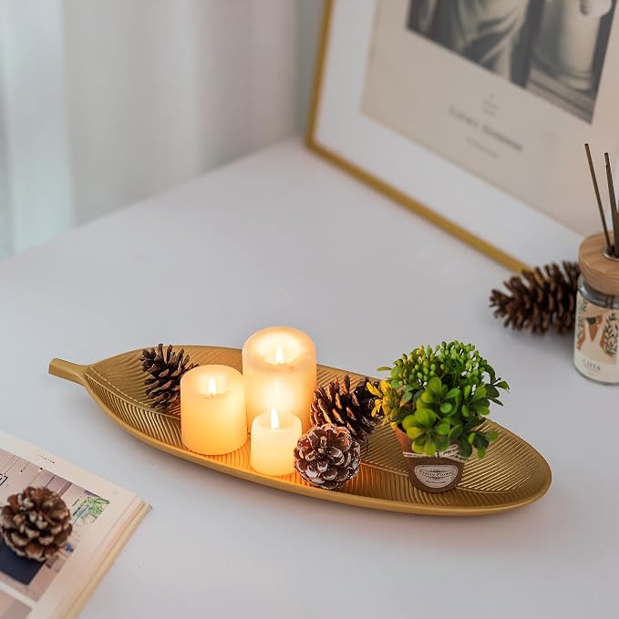 Hanobe Decorative Trays for Home Decor, Leaf Shaped Wood Key Bowl | 16" Gold - Image 2