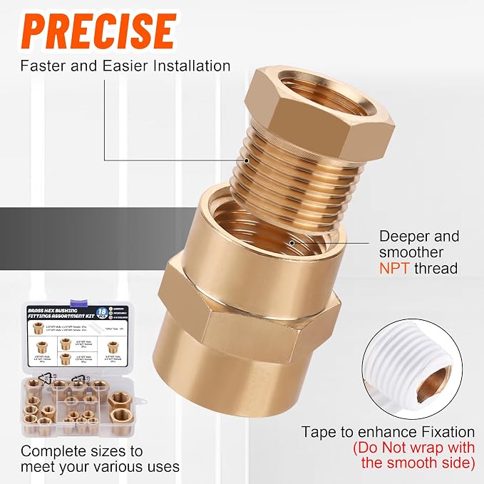 18PCS Brass Hex Reducer Bushing Fitting Kit, NPT Thread | 1/4" - Image 4