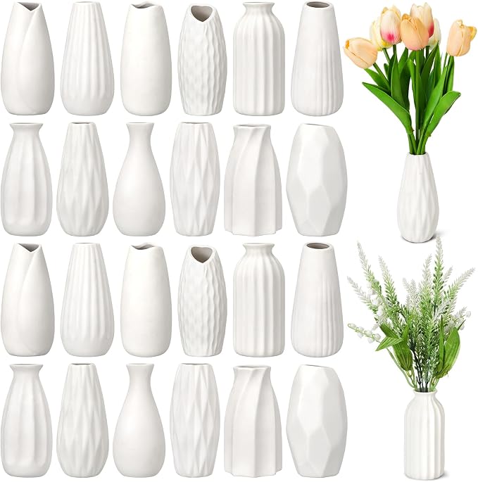 Yaomiao 5'' Small White Ceramic Bud Vases Bulk Set of 24 | Mini Flower Vase Bulk by Yaomiao