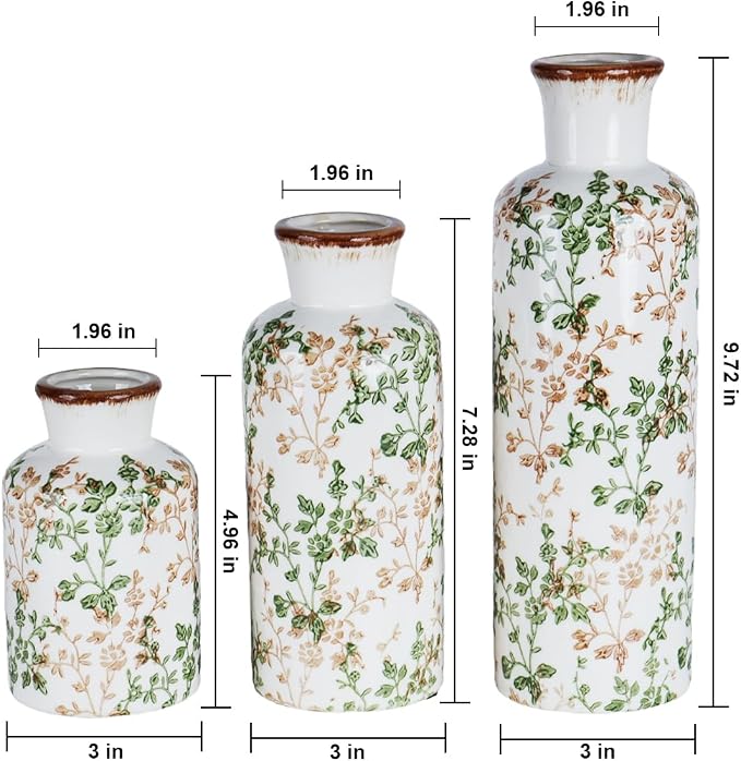 Brown and Green Ceramic Vase Set of 3, Vintage Botanical Vases - Image 2