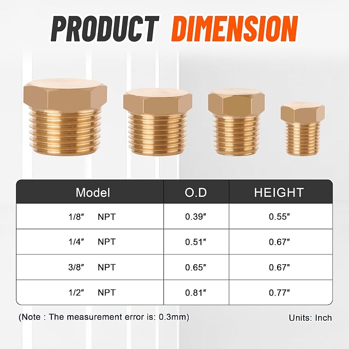 24PCS Brass Pipe Fittings Hex Head Plugs, 1/8" 1/4" 3/8" 1/2" NPT | Outer Hex - Image 5