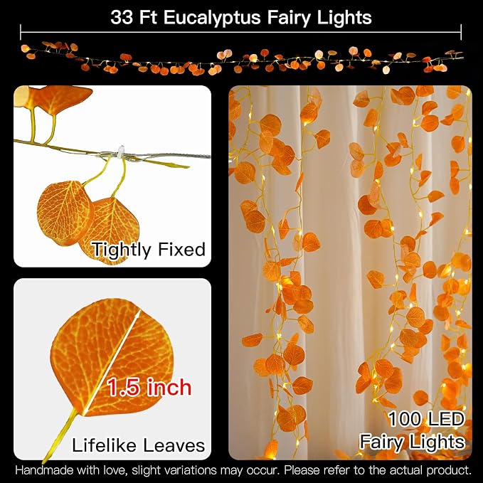 Vine with Fairy Lights Battery Operated, 33ft 100 LED Eucalyptus Leaf String - Image 5