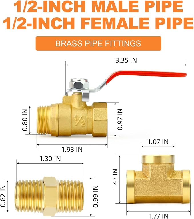 GASHER 6PCS 1/2 Inch NPT Brass Pipe Fitting, Ball Valve, Barstock Tee Brass - Image 2
