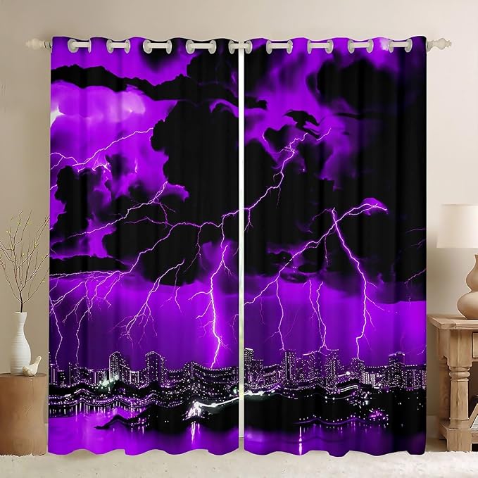 jejeloiu Purple Thunder Lightning Window Drapes Cool Flashing Lightning by jejeloiu