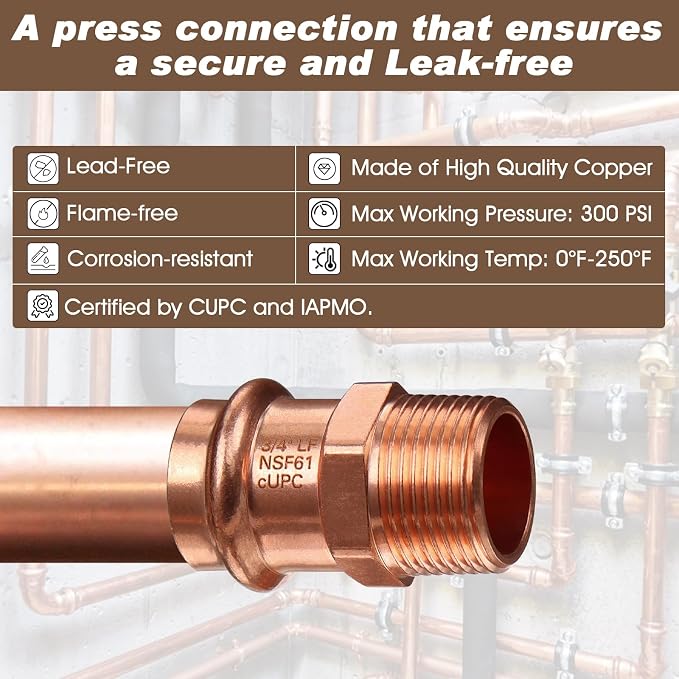 Copper Press Fittings 12pk, 3/4" Press x 3/4"NPT Copper Press Male Adapter | - Image 3