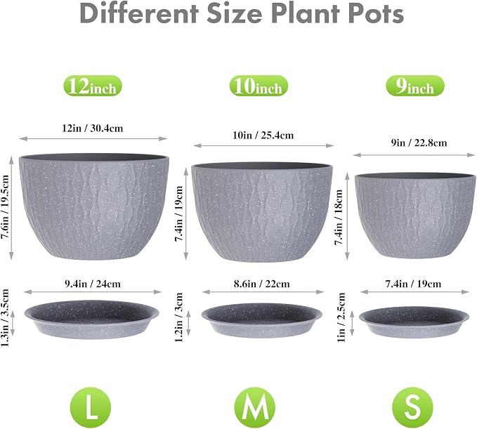 Meowell Large Flower Pots 12/10/9 inch, 3 Set Big Plant Pots - Image 2