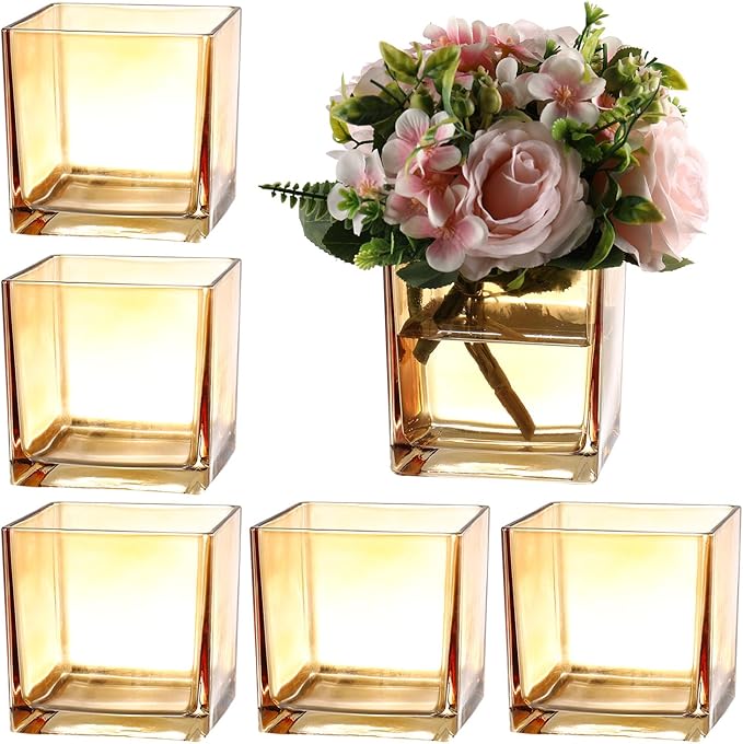 Square Amber Glass Vases Set of 6, Square Vase by MARTAGE