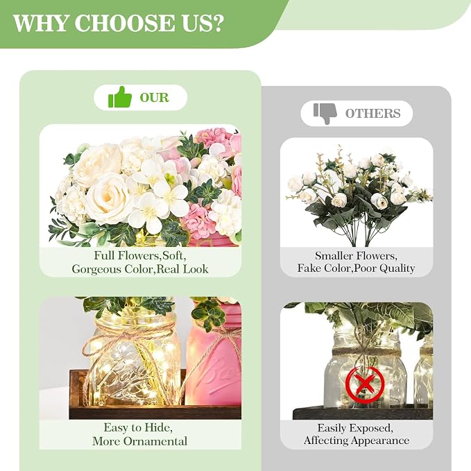 BLEUM CADE 3Pcs Mason Jar with Artificial Roses Flowers Wood Tray and Light | - Image 8