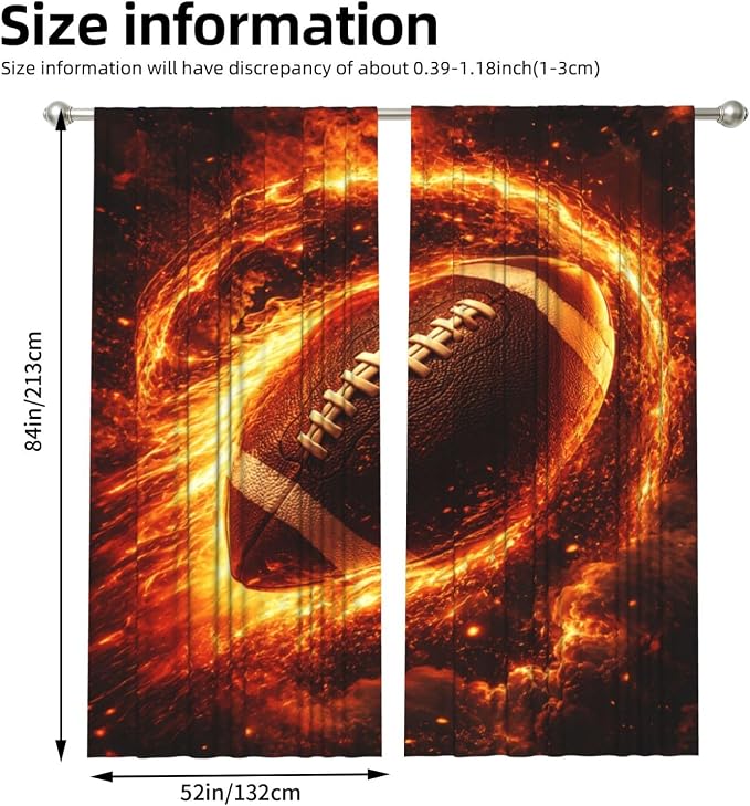 Football Flying Fire Window Curtains 2 Panels Set, 52 X 84 Inch Polyester Drapes - Image 3