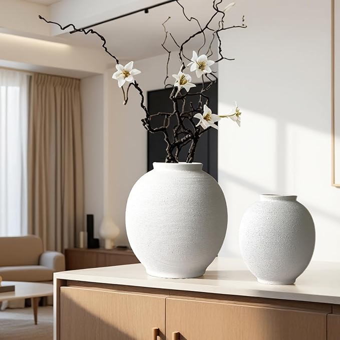 Extra Large White Ceramic Vase, 12.5" H Sandstone White | Round Farmhouse Design - Image 7