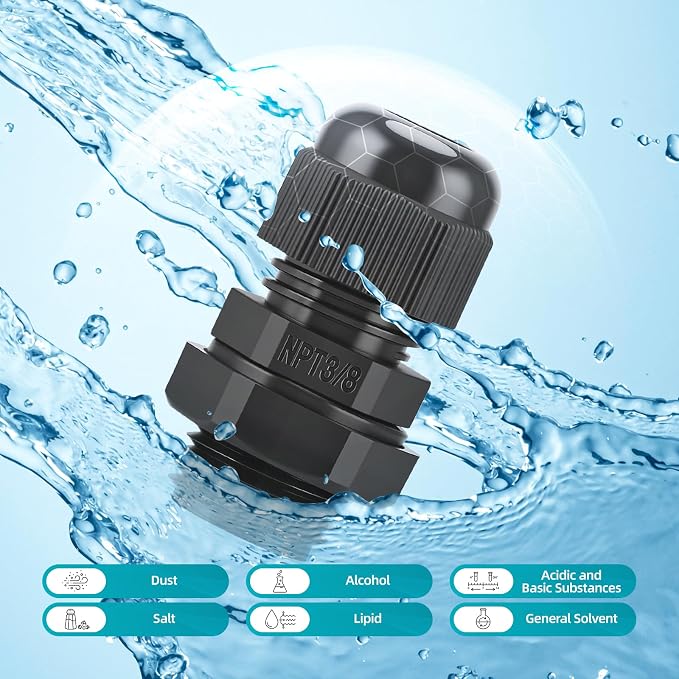 50 Pcs 3/8" NPT Cable Glands, IP68 Waterproof Adjustable Nylon Strain Relief - Image 2