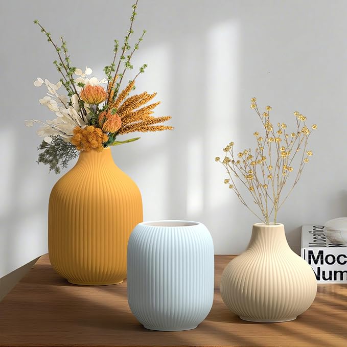Colorful Small Ceramic Vases Set of 3, Matte Vertical Ribbed, Minimalist - Image 8