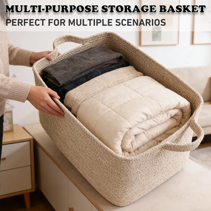 96L Woven Laundry Basket with Handles, Extra Blanket Basket, Living Room - Image 5