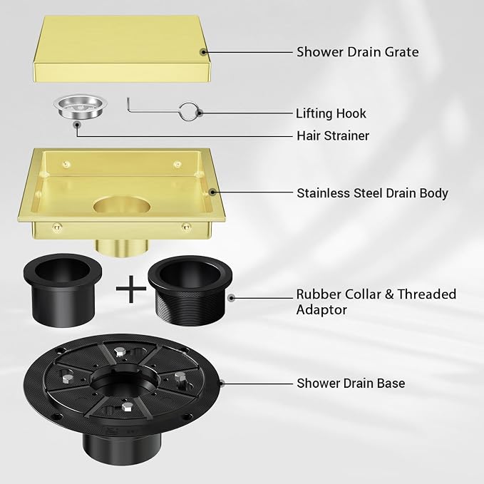 EXF Square Shower Drain 6 Inch Brushed Gold - Image 5