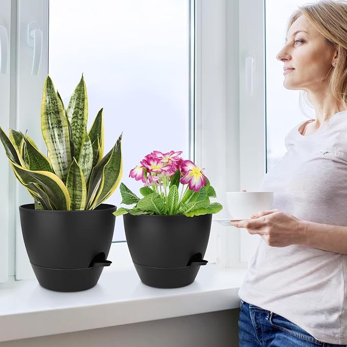 QRRICA Plant Pots 10/9/8/7.5/7 Inch Self Watering Pots, Plastic Flower Pots - Image 6
