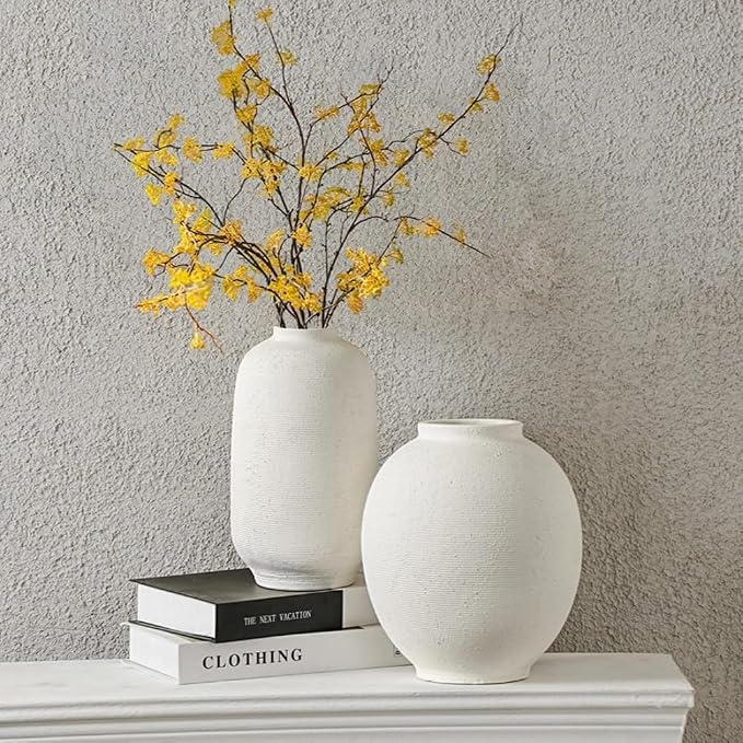 White Ceramic Flower Vase, 10.8" H | Tall Farmhouse Style, Hand-made Textured - Image 6