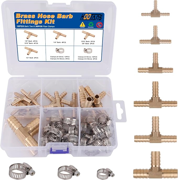 KOOTANS 18PCS Brass Hose Barb Fittings Barb Tee T-Fitting 3 Way Union Kit 1/8″ by KOOTANS