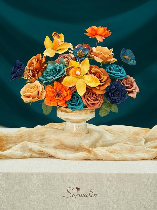 Serwalin Fall Flowers Teal Burnt Orange Artificial Flowers - Image 3