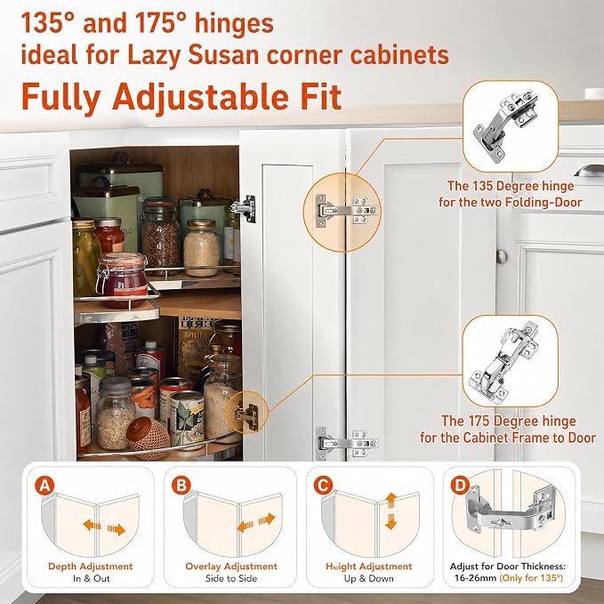 Complete Lazy Susan Hinge Kit, 2 Pair 175 & 135 Degree Hinge | 48mm Frameless - Image 3