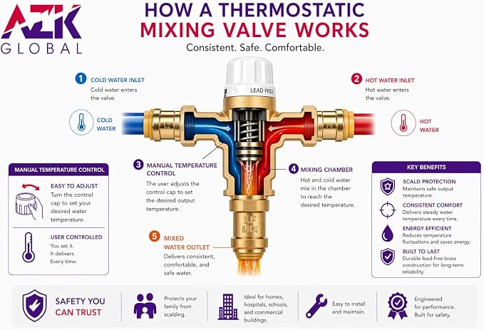 3/4" Push-Fit Thermostatic Mixing Valve, Cert: ASSE, NSF | TMV, Precise water - Image 4