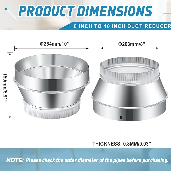1 Pcs 10 Inch to 8 Inch Duct Reducer Increaser | Galvanized Steel Air Duct - Image 2