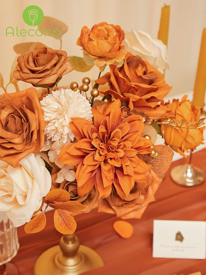 Alecono Orange Artificial Flowers, Silk Fake Fall Floral Set | - Image 8