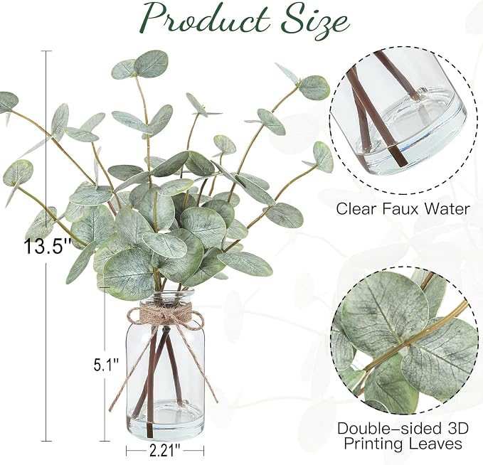 Bessol Artificial Eucalyptus Stems in Glass Vase - Image 3