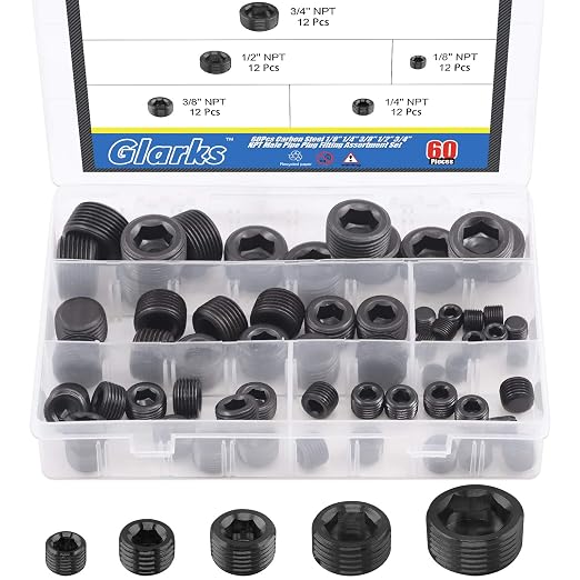Glarks 60Pcs Carbon Steel 1/8'' 1/4'' 3/8'' 1/2'' 3/4'' NPT Pipe Plug Fitting by Glarks