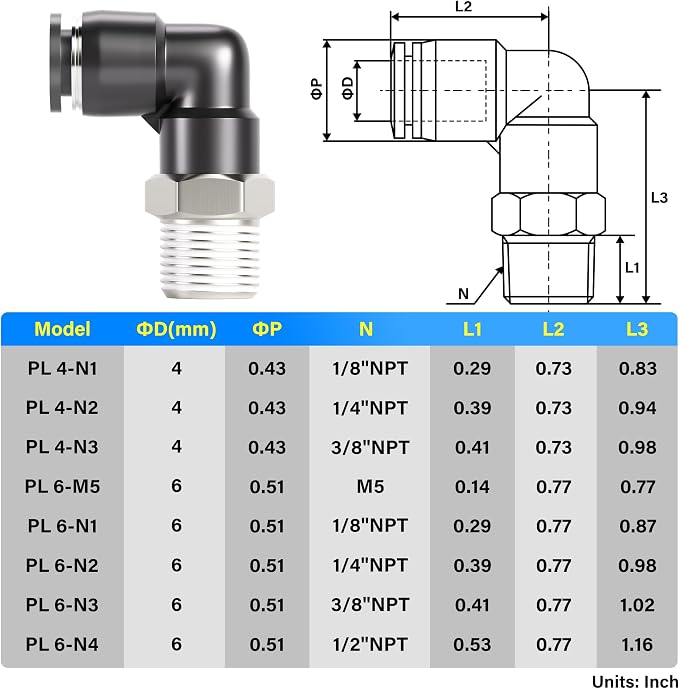 TAILONZ 6mm x 3/8" NPT Push to Connect Elbow Fitting 10pcs | Copper&Plastic - Image 2