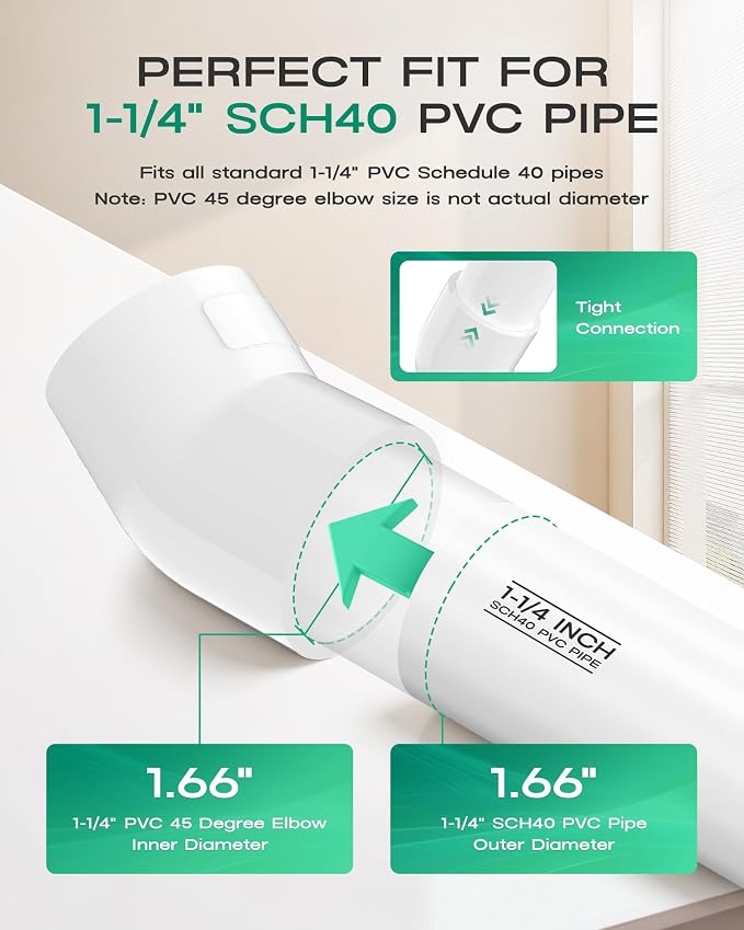 4-Pack 1-1/4 Inch 45 Degree PVC Elbow Pipe Fittings, Furniture Grade SCH40 PVC - Image 3