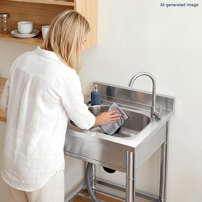 Free Standing Stainless-Steel Single Bowl Commercial Kitchen Sink w/Faucet - Image 8