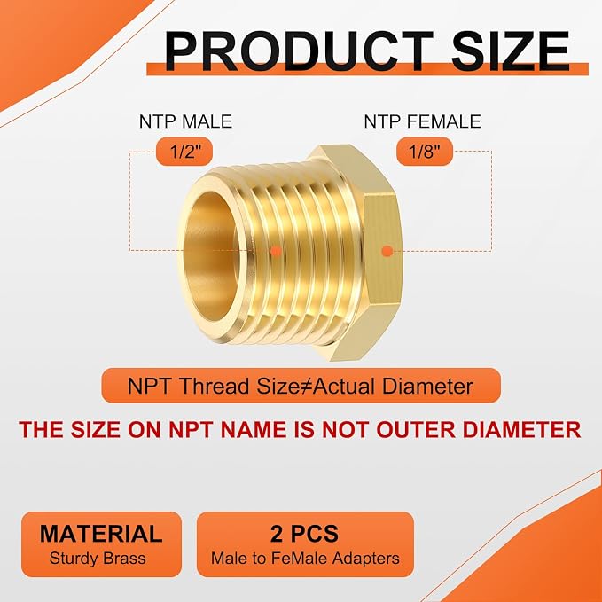 2 Pack Male to FeMale Adapters, 1/2" MNPT x 1/8" FNPT Brass Hex Bushing Reducer - Image 2