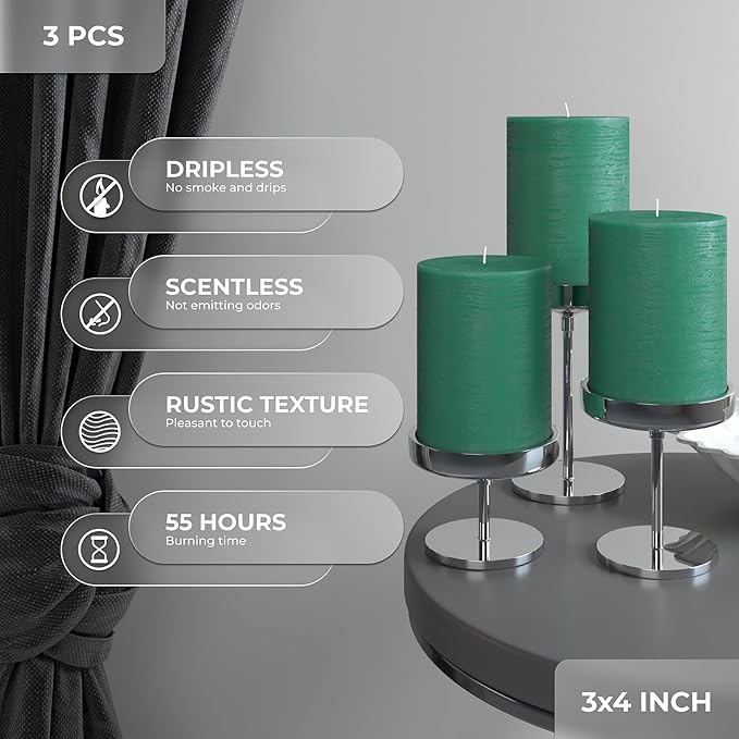 3x4 Inch Green Pillar Candles Set of 3 - Image 3