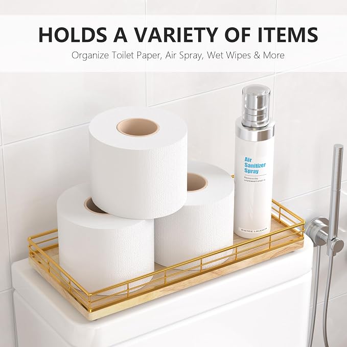 Toilet Paper Basket Organizer, Oak Wood Toilet Tank Tray - Image 2