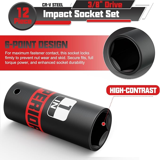 12 Piece 3/8" Drive Impact Socket Set, 5/16"- 1" Deep Socket, 6 Point, - Image 3