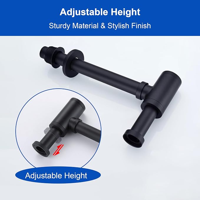 Matte Black Round Bottle P-Trap Drain Kit, 1-1/4 Inch Adjustable Wall Mount - Image 9