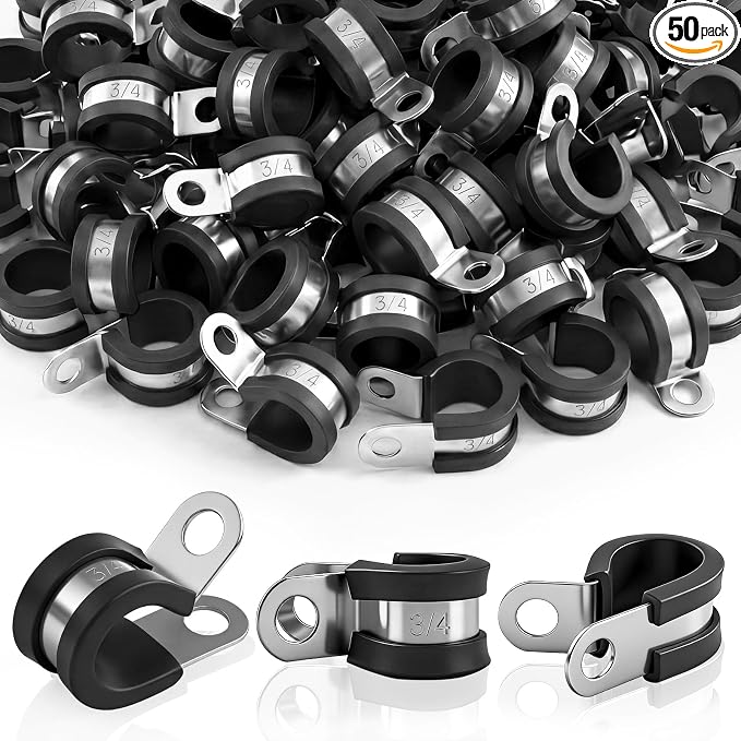 50 Pcs 3/4 Inch Cable Clamps Stainless Steel Pipe Clamps Holder Rubber Coated by Unknown