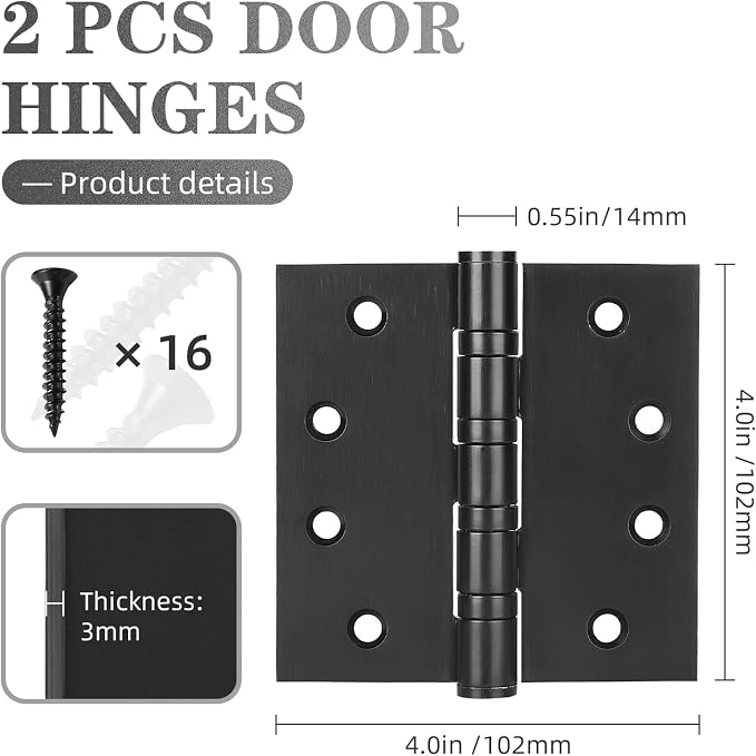 2 Pack Stainless Steel Black Door Hinges, Heavy Duty Door Hardware, 4 x 4 Inch - Image 2