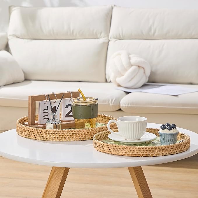 Round Rattan Tray with Mother of Pearl Inlay, Rattan Serving Tray with Wooden - Image 4