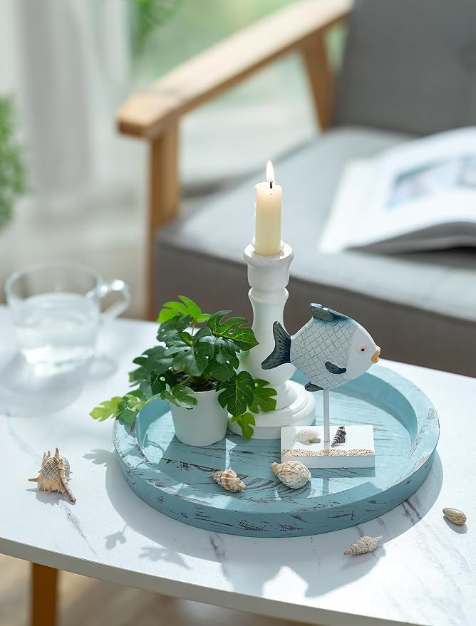 Hanobe Round Wood Candle Holder Tray, Ocean Blue Coastal Coffee Table Decor | - Image 4