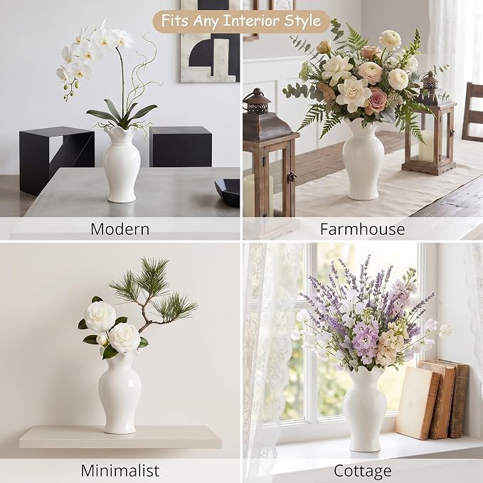 2 Pack White Ceramic Vase Set Small Rustic, Classic | Decorative Flower Vases - Image 3