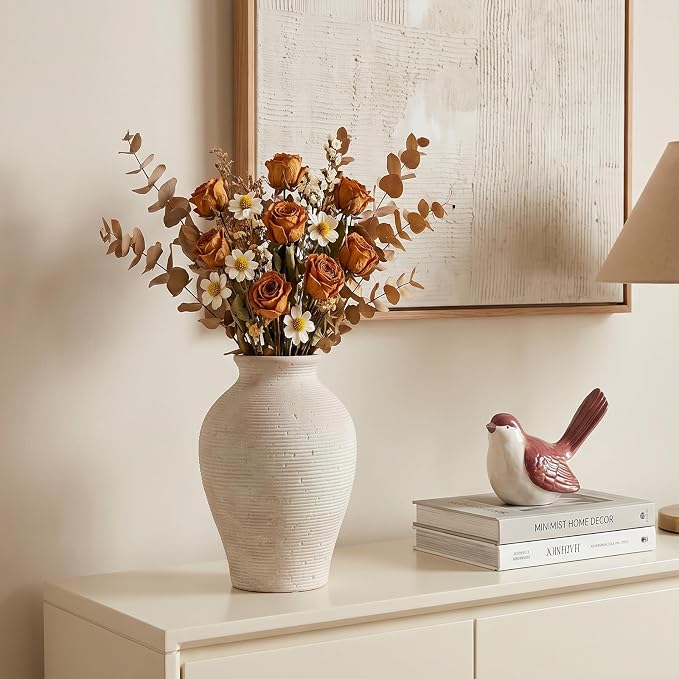 9.06 Inch Tall Vintage Ceramic Flower Vase, Rustic Farmhouse Vase - Image 5